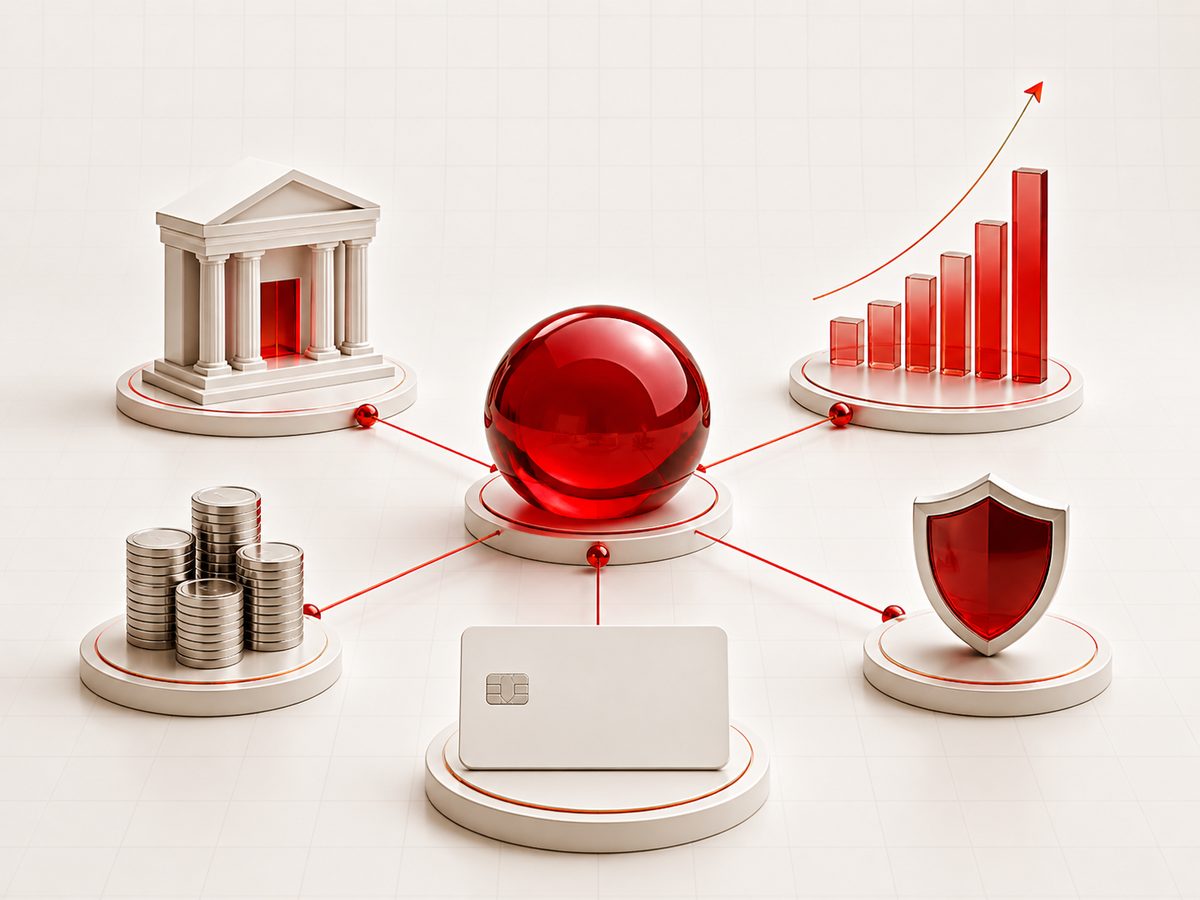 Abstrakte SQUAREMOON Darstellung für Finanz- und Versicherungsmarketing mit Bank, Münzen, Karte, Schutzschild und Wachstumsdiagramm Abstrakte SQUAREMOON Darstellung für Finanz- und Versicherungsmarketing mit Bank, Münzen, Karte, Schutzschild und Wachstumsdiagramm