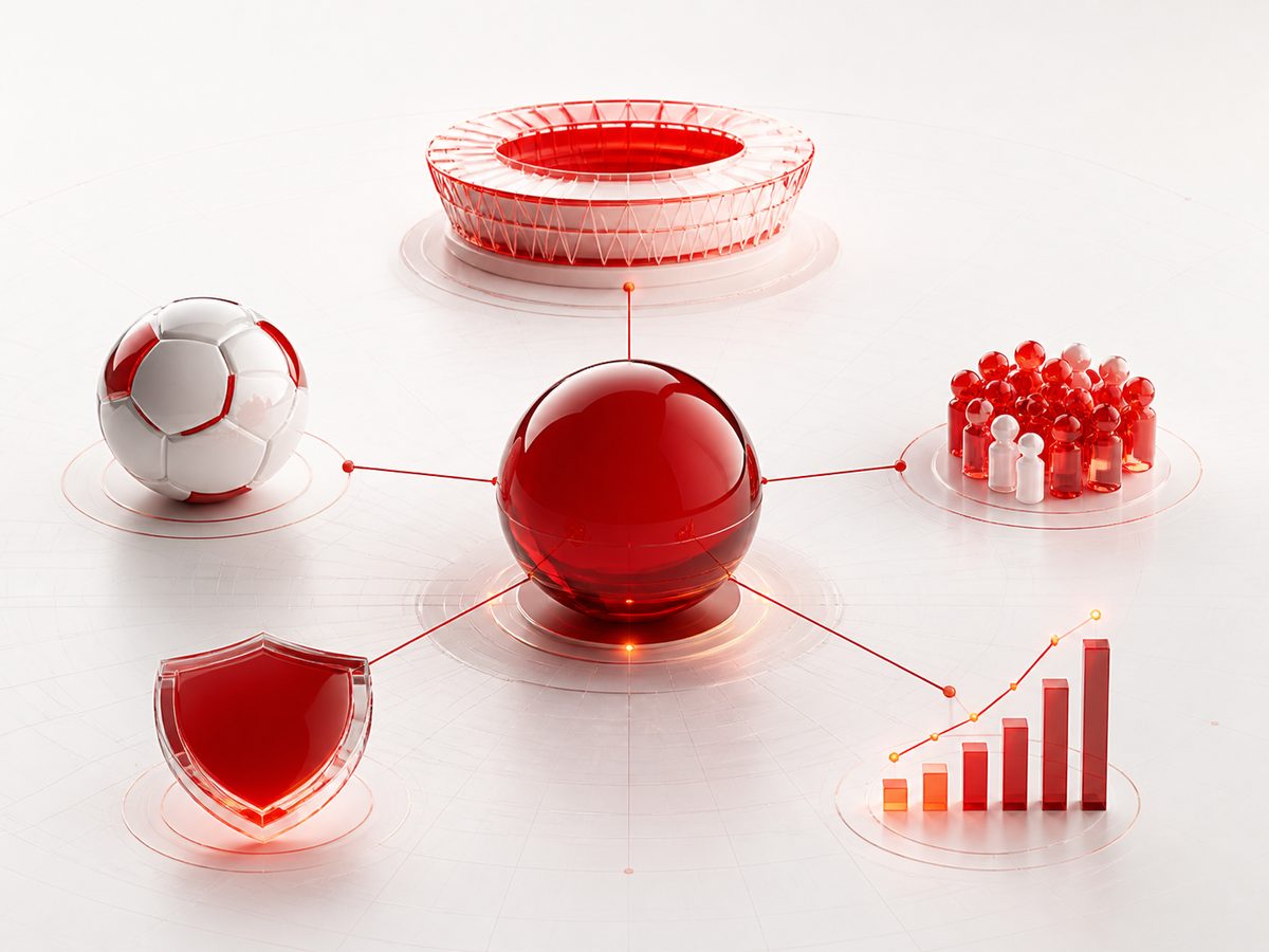 Abstrakte SQUAREMOON Darstellung für Sportmarketing mit Stadion, Fussball, Fangemeinschaft und Wachstumsdiagramm Abstrakte SQUAREMOON Darstellung für Sportmarketing mit Stadion, Fussball, Fangemeinschaft und Wachstumsdiagramm